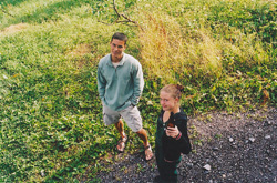 Jason and Amy looking up to the hostel porch.